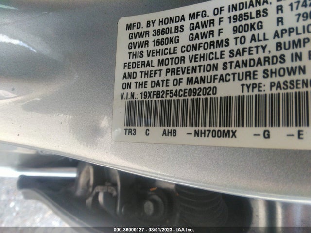 2012 HONDA CIVIC SDN LX VIN: 19XFB2F54CE092020