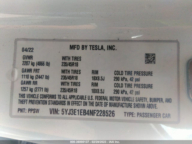 Tesla Model 3 Long Range 2022 5YJ3E1EB4NF228526 Image 9