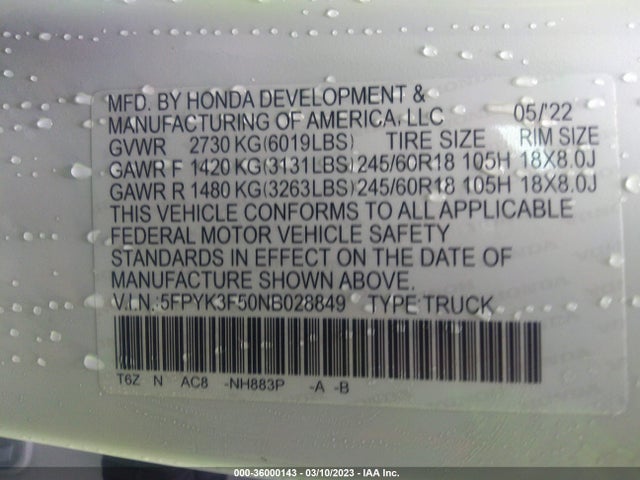 2022 Honda Ridgeline, VIN: 5FPYK3F50NB028849