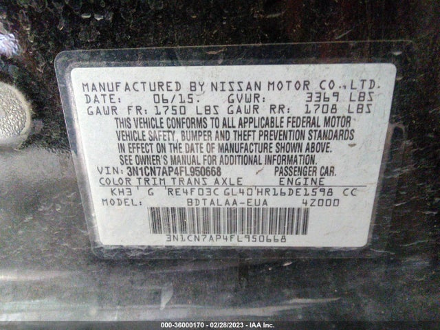 2015 NISSAN VERSA S VIN: 3N1CN7AP4FL950668