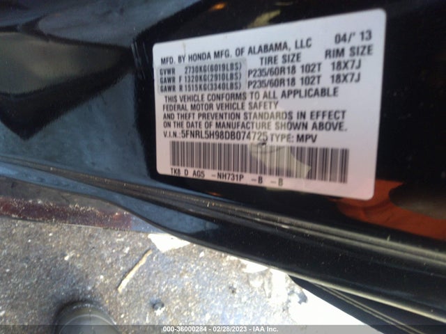 2013 Honda Odyssey Touring მანქანა იყიდება აუქციონზე, vin: 5FNRL5H98DB074725, აუქციონის ნომერი: 36000284