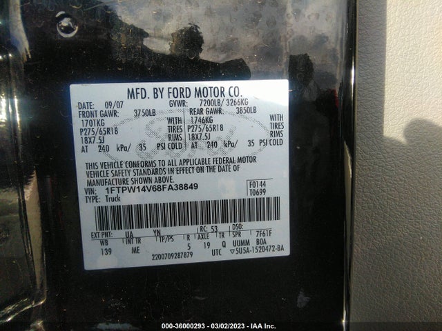 2008 FORD F-150 XLT/FX4/LARIAT VIN: 1FTPW14V68FA38849