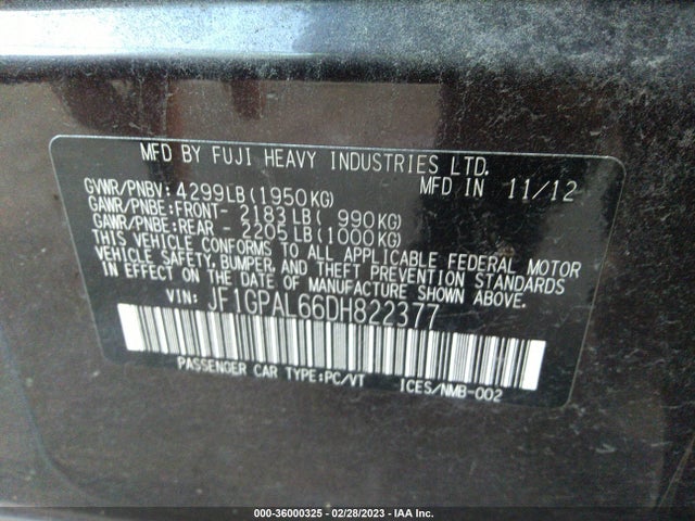 2013 SUBARU IMPREZA WAGON 2.0I SPORT PREMIUM VIN: JF1GPAL66DH822377
