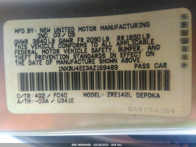 2010 TOYOTA COROLLA VIN: 1NXBU4EE3AZ169489