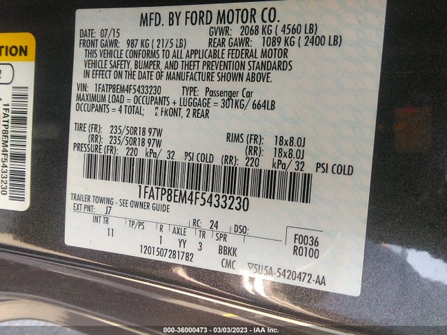 2015 FORD MUSTANG V6 VIN: 1FATP8EM4F5433230