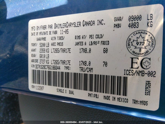 2006 DODGE RAM 2500 SLT VIN: 3D7KS28C76G186644
