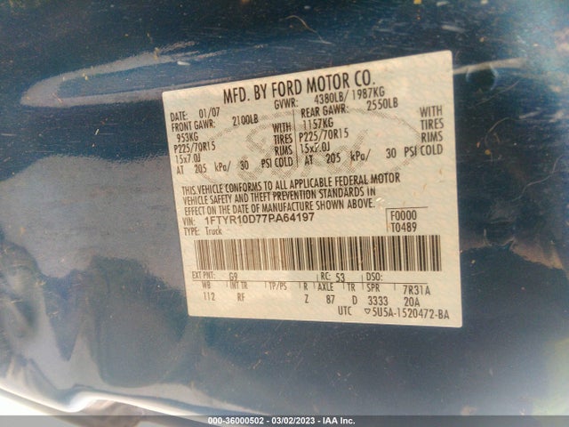 2007 FORD RANGER XL/STX/XLT VIN: 1FTYR10D77PA64197