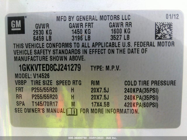 2012 Gmc Acadia Denali მანქანა იყიდება აუქციონზე, vin: 1GKKVTED8CJ241279, აუქციონის ნომერი: 36000750