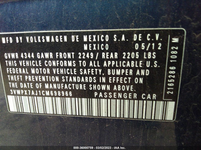 3VWPX7AJ1CM698966 Volkswagen Jetta Sportwagen S