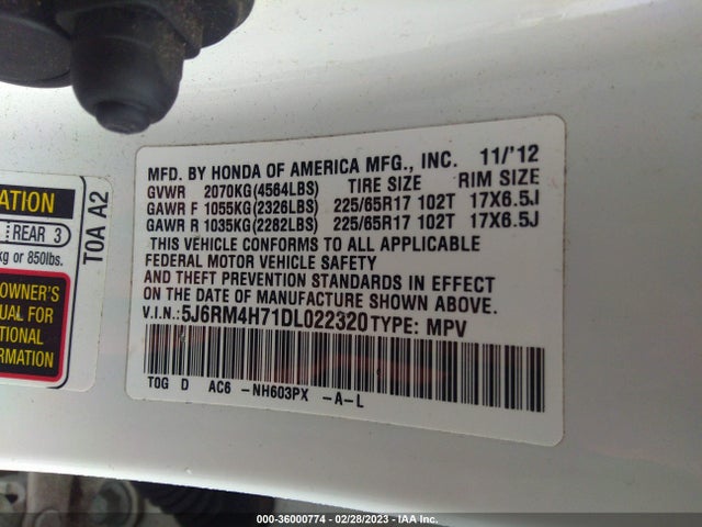 2013 HONDA CR-V EX-L VIN: 5J6RM4H71DL022320