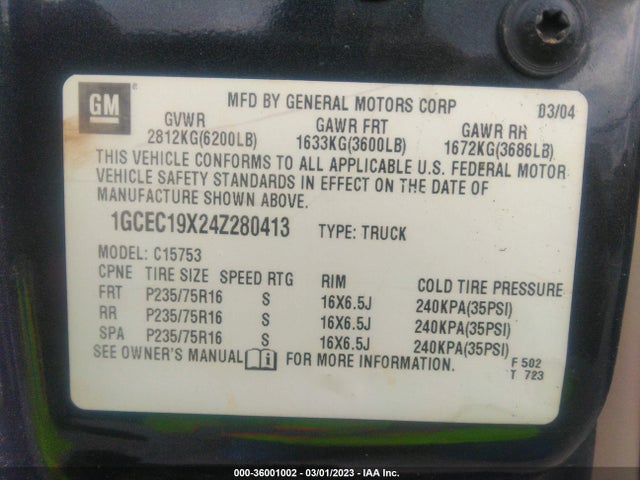 2004 CHEVROLET SILVERADO 1500 WORK TRUCK VIN: 1GCEC19X24Z280413