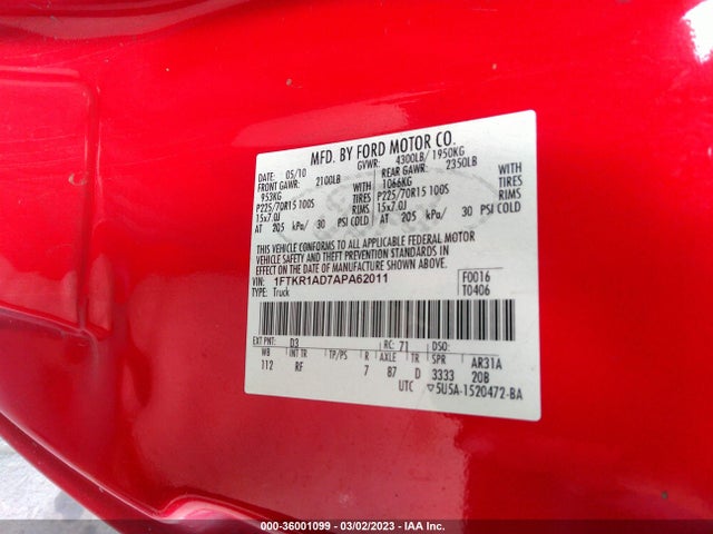 2010 FORD RANGER XL/XLT VIN: 1FTKR1AD7APA62011