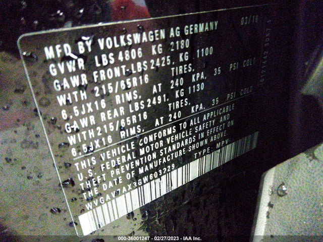 WVGAV7AX3GW603229 Volkswagen TIGUAN S