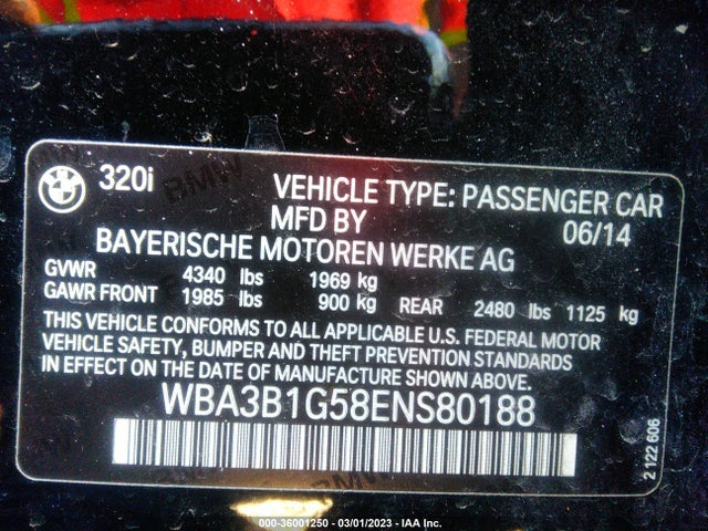 2014 BMW 3 SERIES 320I VIN: WBA3B1G58ENS80188