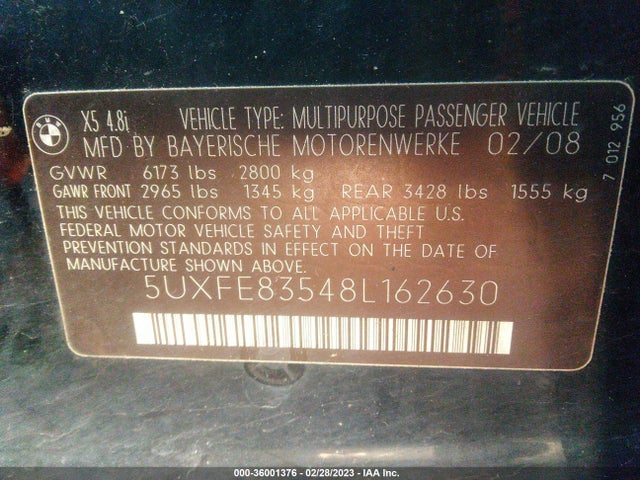 Продажа на аукционе авто 2008 Bmw X5 4.8i, vin: 5UXFE83548L162630, номер лота: 36001376