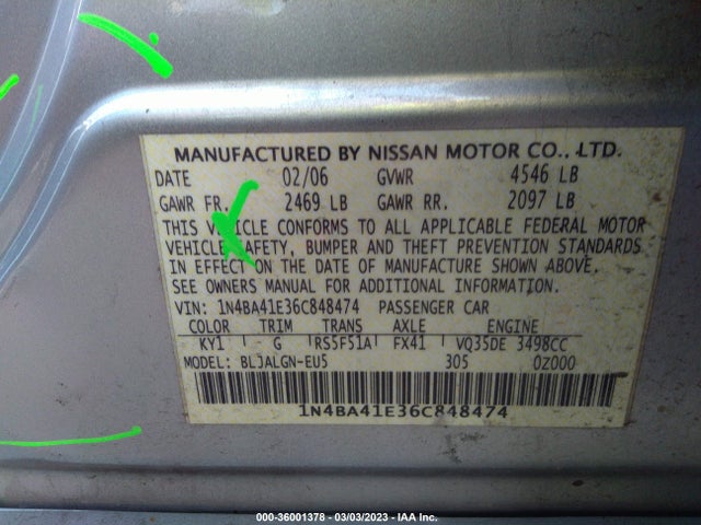 2006 NISSAN MAXIMA 3.5 SL VIN: 1N4BA41E36C848474