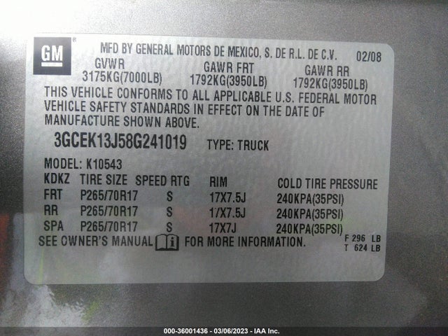 2008 CHEVROLET SILVERADO 1500 LT W/1LT VIN: 3GCEK13J58G241019