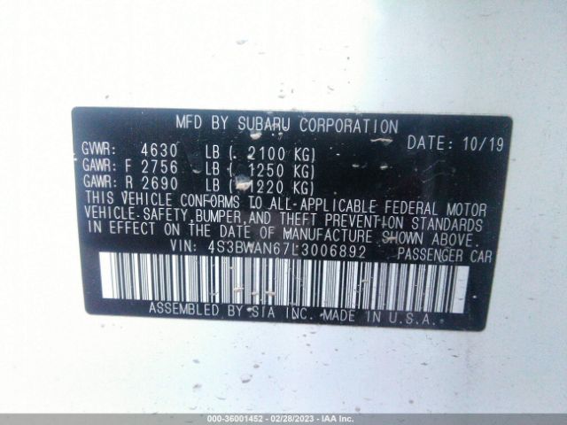 4S3BWAN67L3006892 Subaru Legacy Limited