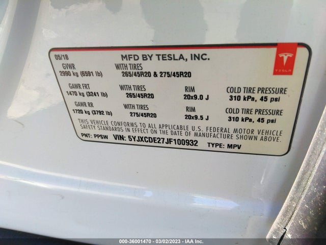 Tesla Model X 75d/100d/p100d 2018 5YJXCDE27JF100932 Image 9