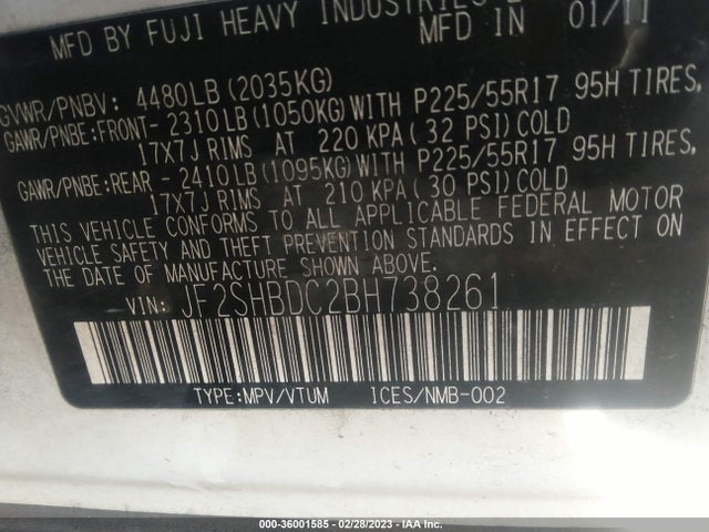 2011 SUBARU FORESTER 2.5X PREMIUM VIN: JF2SHBDC2BH738261