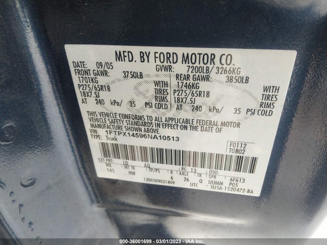 2006 FORD F-150 XLT/FX4/LARIAT/XL VIN: 1FTPX14596NA10513