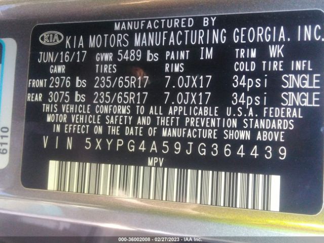 5XYPG4A59JG364439 KIA Sorento Lx V6