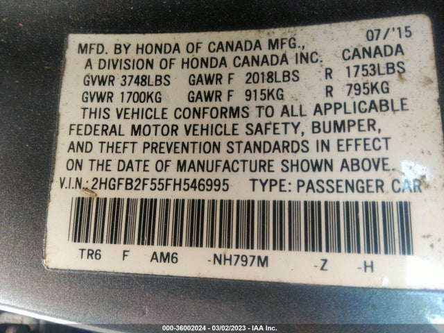 Honda Civic Sedan Lx 2015 2HGFB2F55FH546995 Image 9