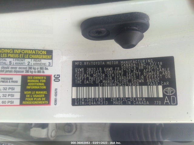 2019 TOYOTA COROLLA L/LE/SE/XLE/XSE VIN: 2T1BURHE2KC218306