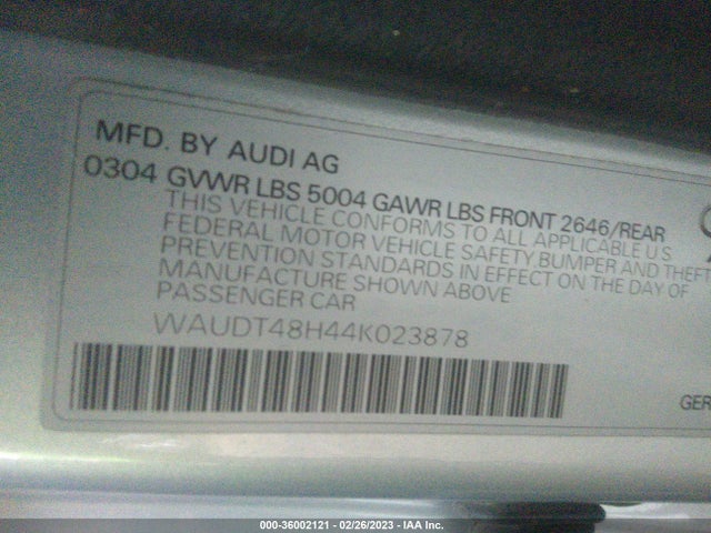 2004 AUDI A4 3.0L VIN: WAUDT48H44K023878