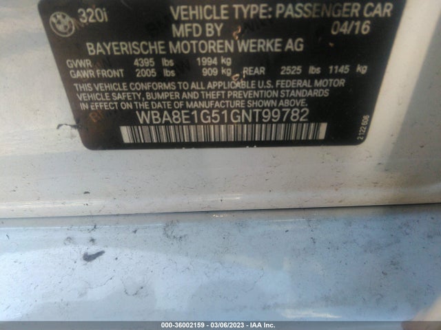 BMW 3 Series 320i 2016 WBA8E1G51GNT99782 Image 9