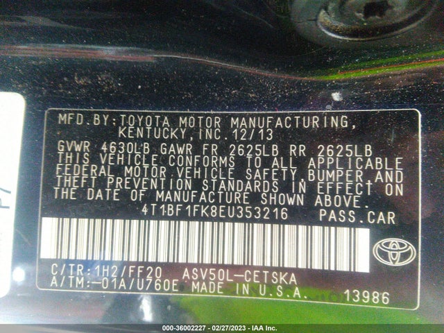 2014 TOYOTA CAMRY L/LE/XLE/SE/SE SPORT VIN: 4T1BF1FK8EU353216