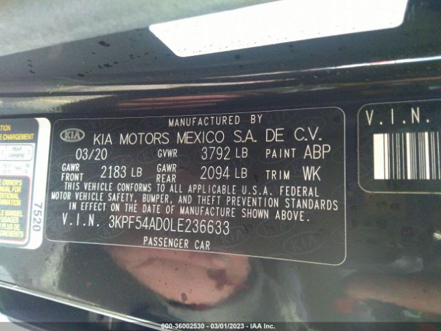 3KPF54AD0LE236633 KIA FORTE EX