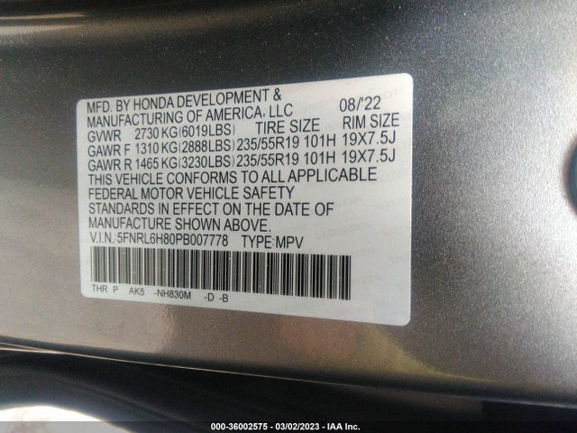 2023 Honda Odyssey, VIN: 5FNRL6H80PB007778