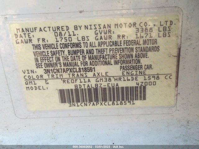 2012 NISSAN VERSA SV VIN: 3N1CN7APXCL818591
