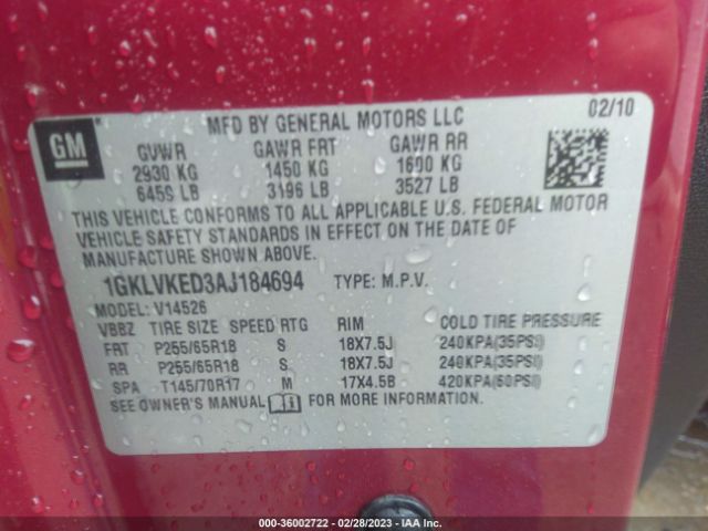 1GKLVKED3AJ184694 GMC ACADIA SL