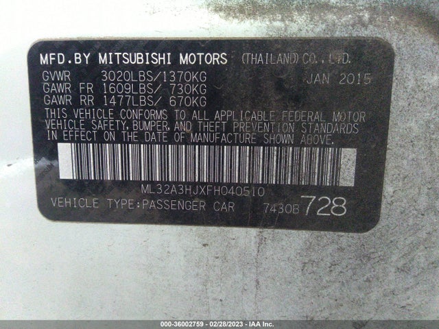 ML32A3HJXFH040510 Mitsubishi Mirage De/rf