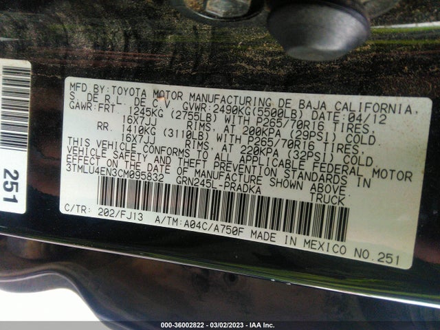 2012 TOYOTA TACOMA VIN: 3TMLU4EN3CM095832