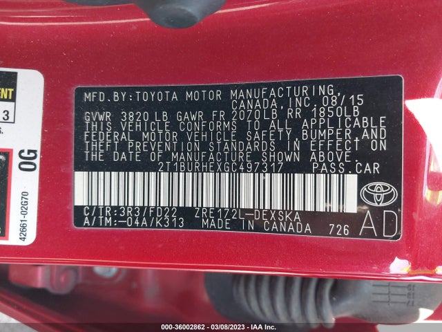 Toyota Corolla L/le/s/s Plus/le Plus 2016 2T1BURHEXGC497317 Image 10