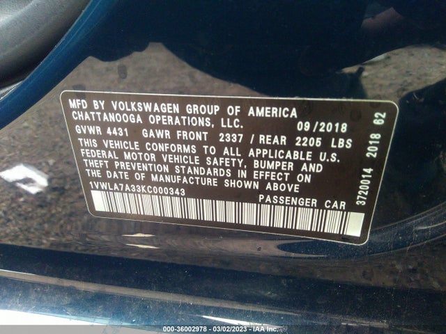 2019 Volkswagen Passat, VIN: 1VWLA7A33KC000343