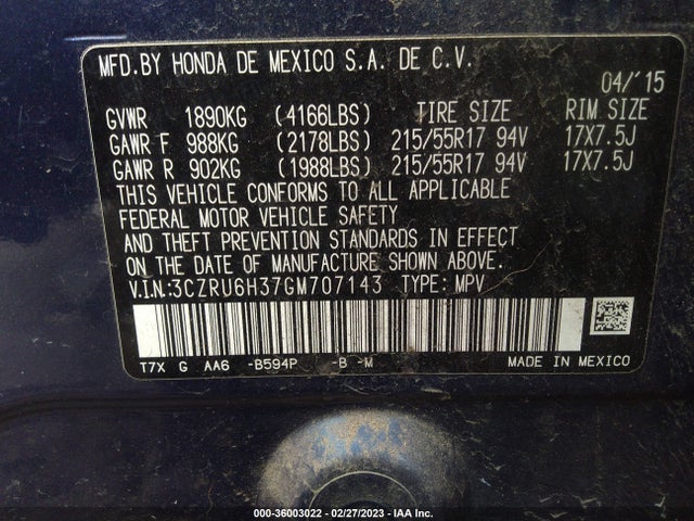 Honda HR-V LX 2016 3CZRU6H37GM707143 Image 9