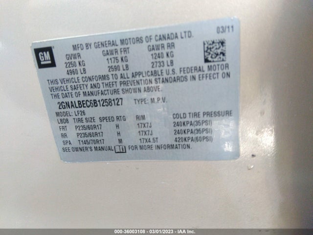 2011 CHEVROLET EQUINOX LS VIN: 2GNALBEC6B1258127
