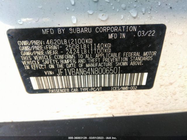 JF1VBAN64N8006501 Subaru Wrx Limited