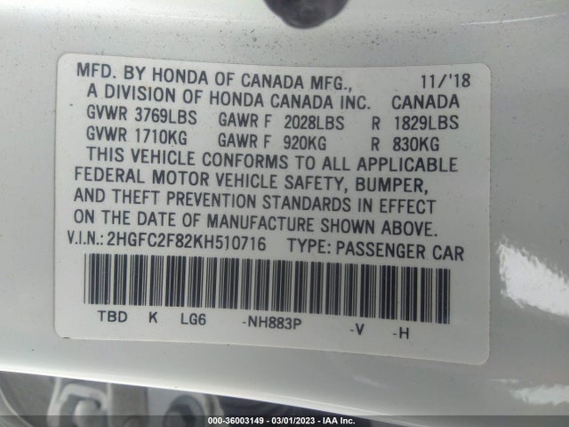 Honda Civic 2019 2HGFC2F82KH510716 Image 21