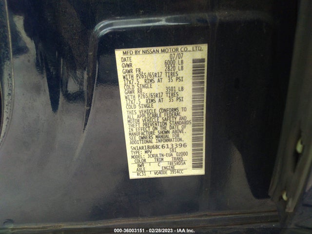 2008 NISSAN PATHFINDER SE VIN: 5N1AR18U68C613396