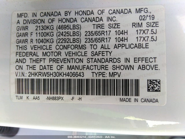 2019 Honda CR-V, VIN: 2HKRW5H30KH406643
