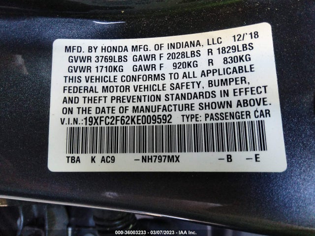 2019 Honda Civic, VIN: 19XFC2F62KE009592