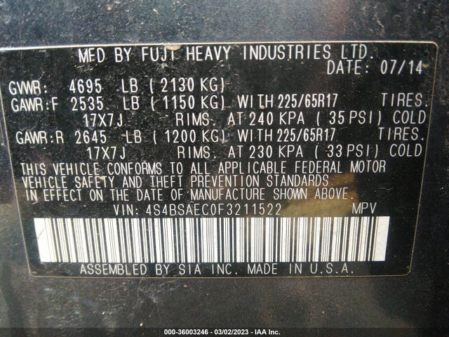 Subaru Outback 2.5i Premium 2015 4S4BSAEC0F3211522 Image 10