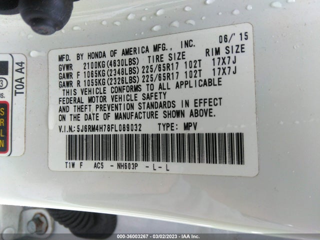 2015 HONDA CR-V EX-L VIN: 5J6RM4H78FL089032