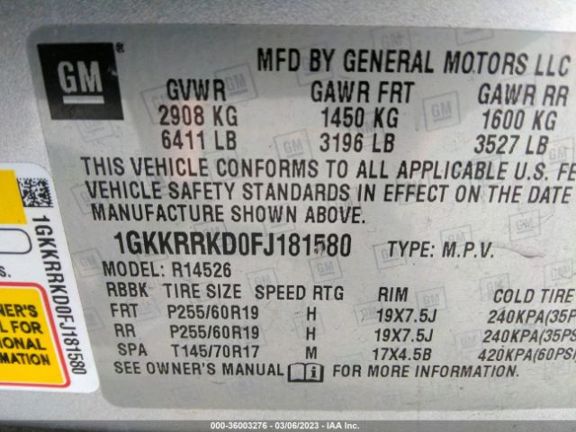 1GKKRRKD0FJ181580 GMC ACADIA SLT