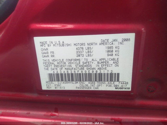 2009 MITSUBISHI GALANT ES/SPORT VIN: 4A3AB36F89E003172